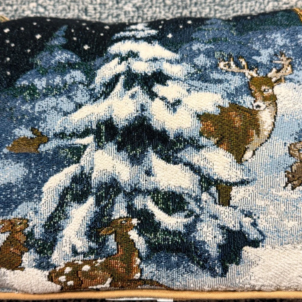 Riverdale Woven Tapestry Winter Forest Deer Rabbit Accent Pillow Made in USA